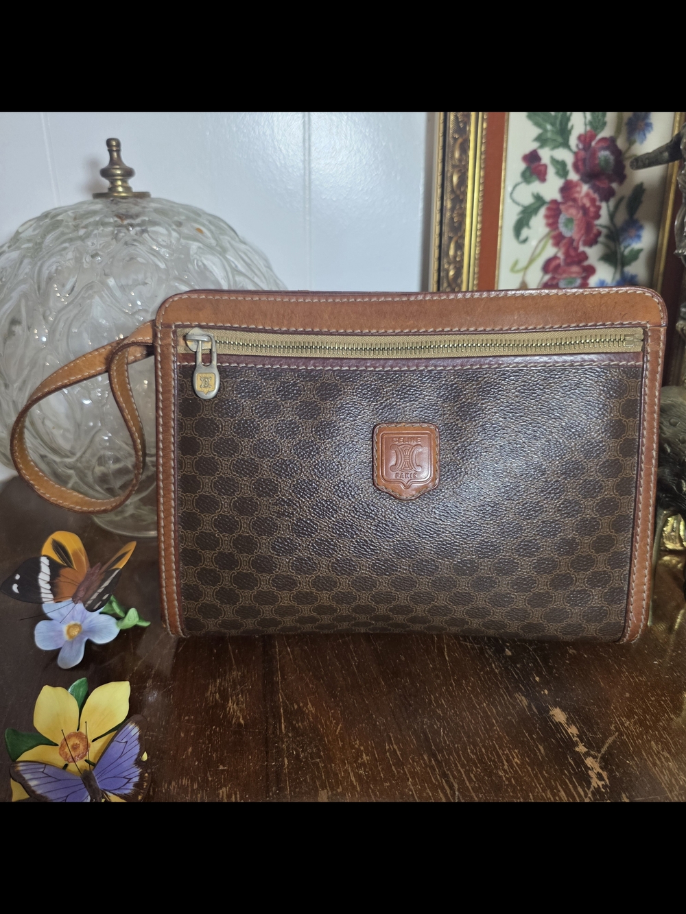 Vintage Celine Triomphe Monogram PVC & Leather Trim Clutch